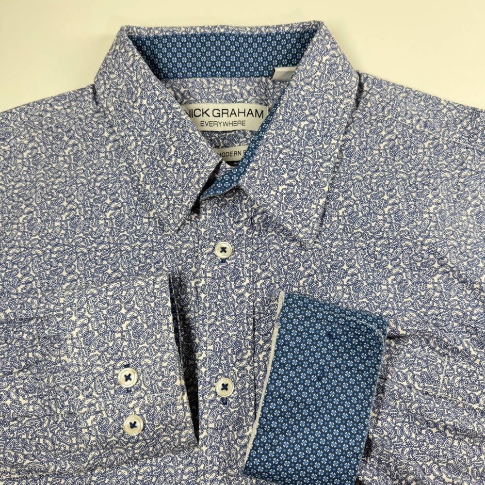Nick Graham Everywhere Button Down Shirt Blue Paisley Stretch Modern Fit Large